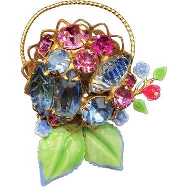 Vintage Rhinestones Brooch Basket of Flowers Fili… - image 1