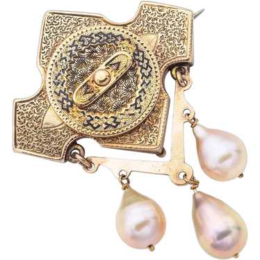 Antique Victorian 14K Yellow Gold Sea Pearl Brooc… - image 1