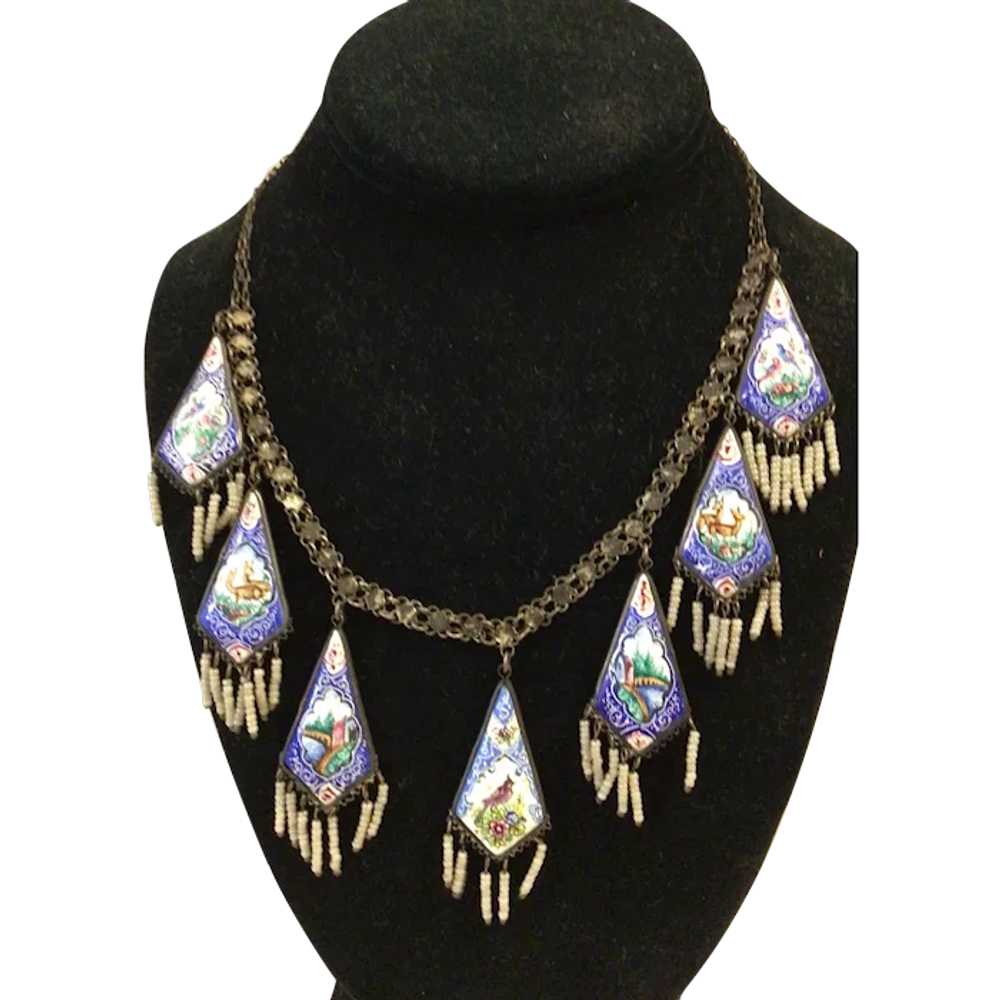 Antique Persian Enamel Double Sided Necklace Uniq… - image 1