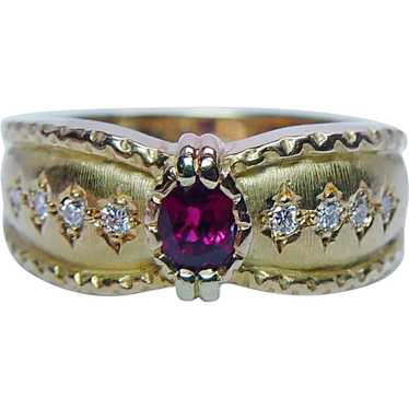 Vintage Ruby Diamond Etruscan Ring 18K Gold Design