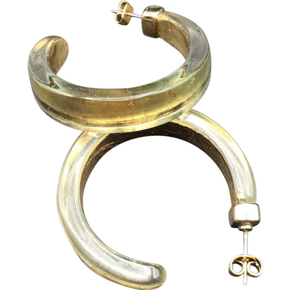 Vintage Clear & Gold Lucite Hoops Earrings Pierce… - image 1