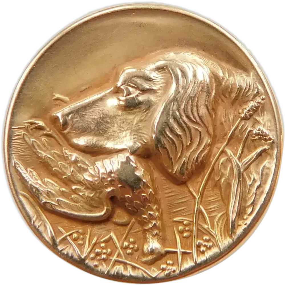 Art Nouveau Dog & Pheasant Pin 14K Yellow Gold - image 1