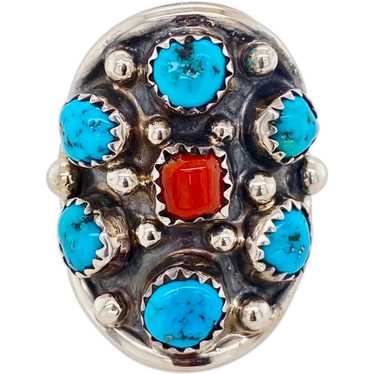 Native American Men's Silver Turquoise & Coral Rin