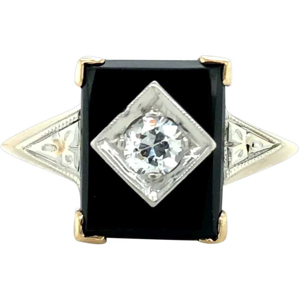 Antique Art Deco Old Mine Cut Diamond & Black Ony… - image 1