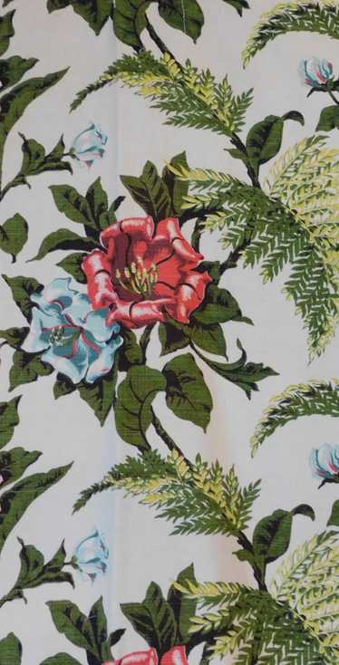 Vintage Red & Aqua Tropical Flowers Barkcloth Fabr