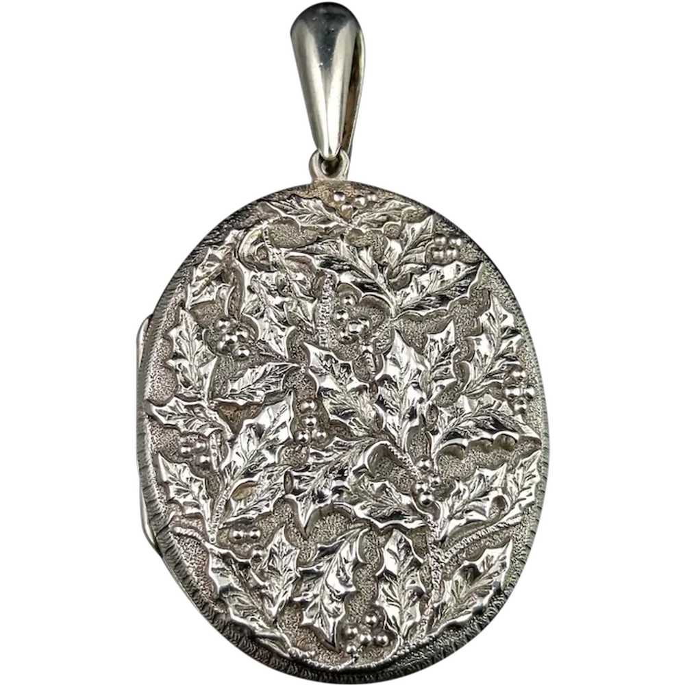 Antique Victorian silver locket pendant, Holly le… - image 1