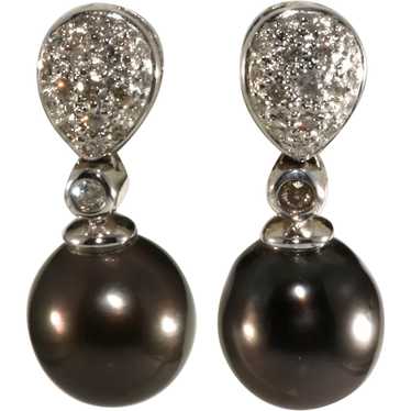 14K Gray Tahitian Pearls Drops Earrings Genuine D… - image 1