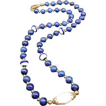 Blue Glass Bead Strand Necklace Handknotted Vinta… - image 1