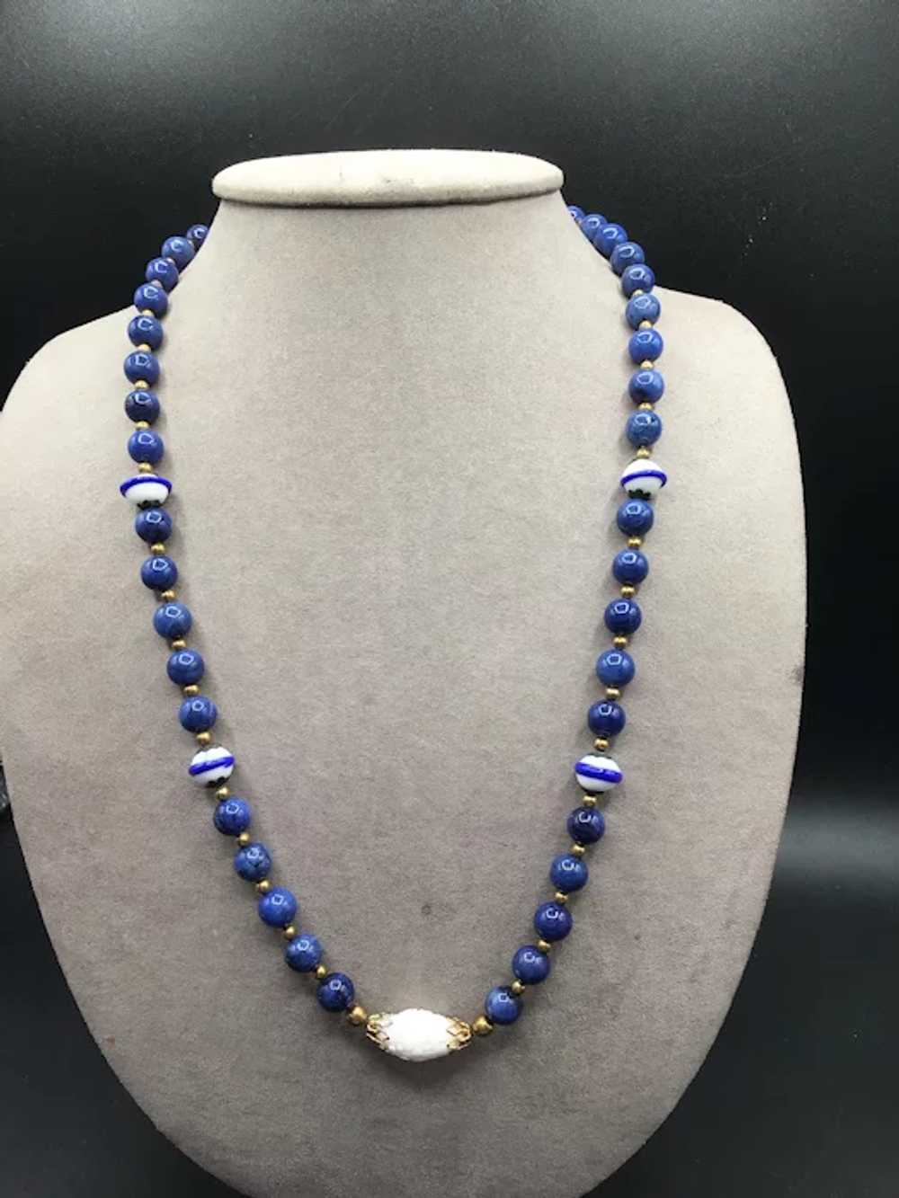 Blue Glass Bead Strand Necklace Handknotted Vinta… - image 3