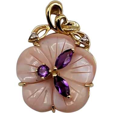 Pink MOP Amethyst Flower 10K Pendant - image 1