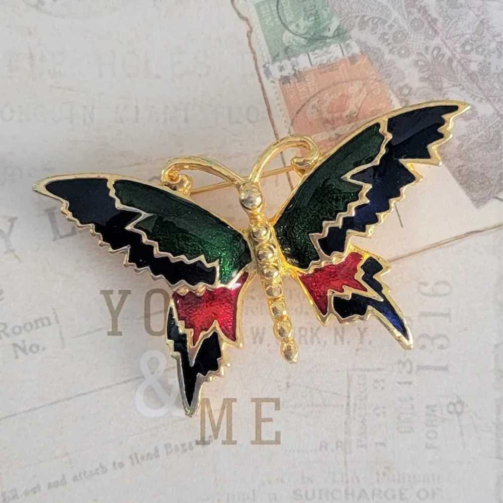 Jewel Tone Enameled Butterfly Brooch in Gold Tone - image 2