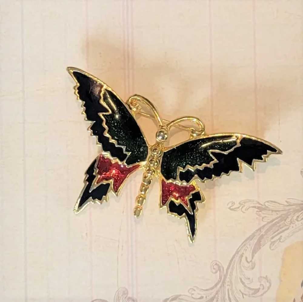 Jewel Tone Enameled Butterfly Brooch in Gold Tone - image 3