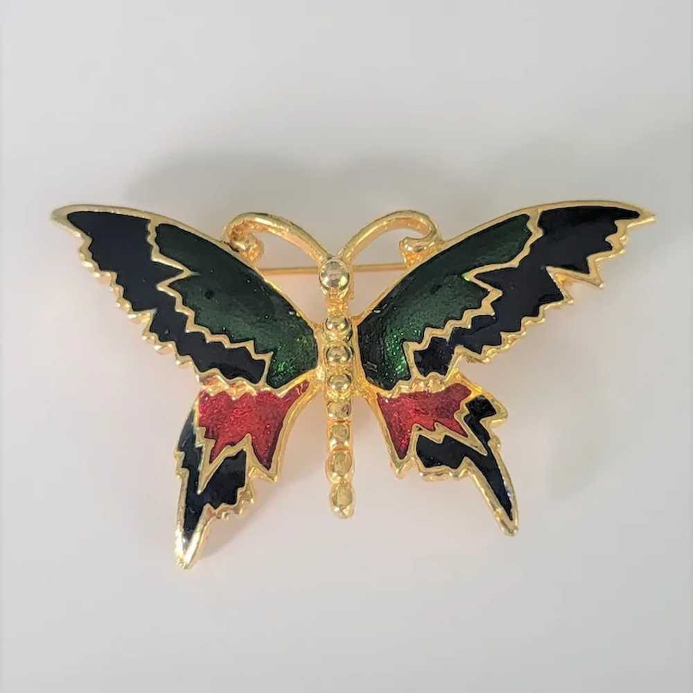 Jewel Tone Enameled Butterfly Brooch in Gold Tone - image 5