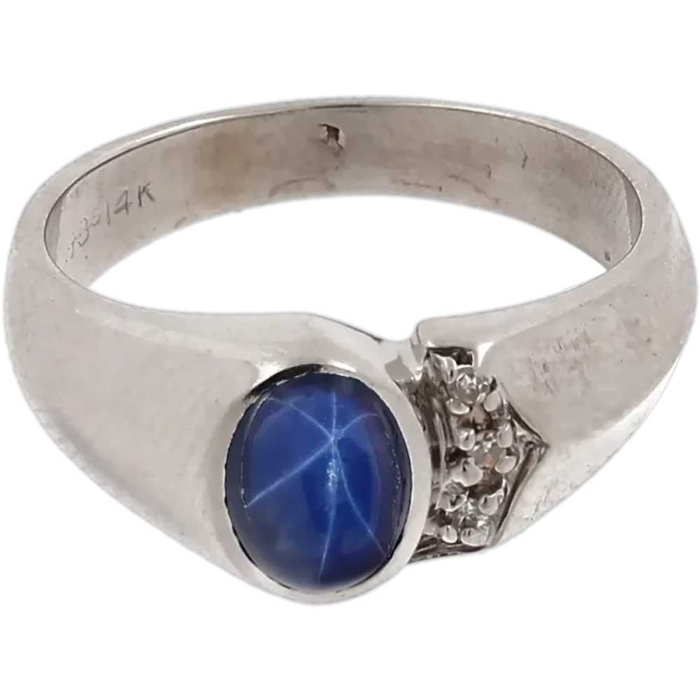 Blue Star Sapphire Diamond Ring 14K White Gold Ca… - image 1