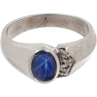 Blue Star Sapphire Diamond Ring 14K White Gold Ca… - image 1