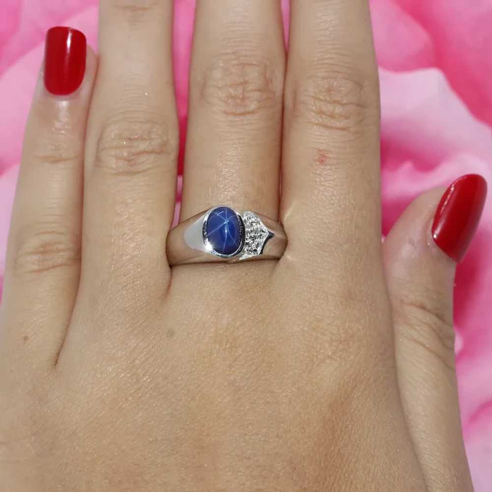 Blue Star Sapphire Diamond Ring 14K White Gold Ca… - image 2