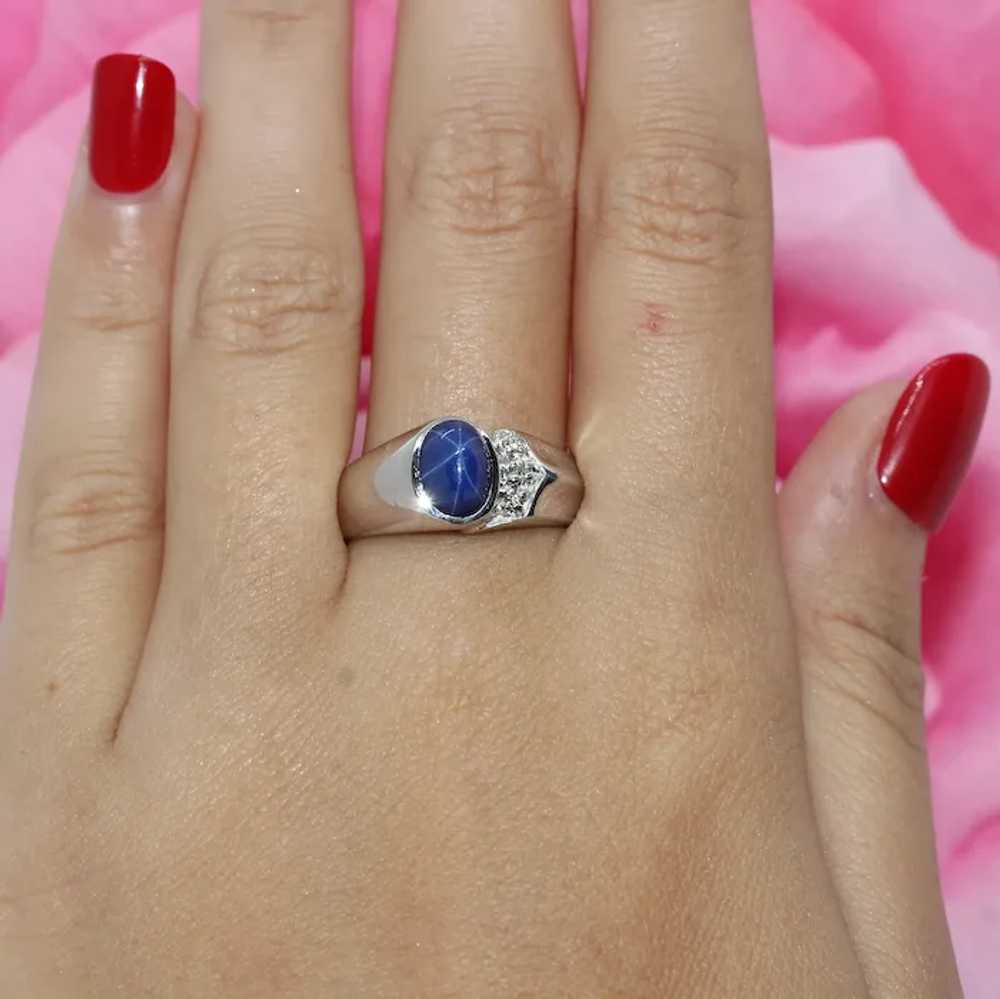 Blue Star Sapphire Diamond Ring 14K White Gold Ca… - image 2