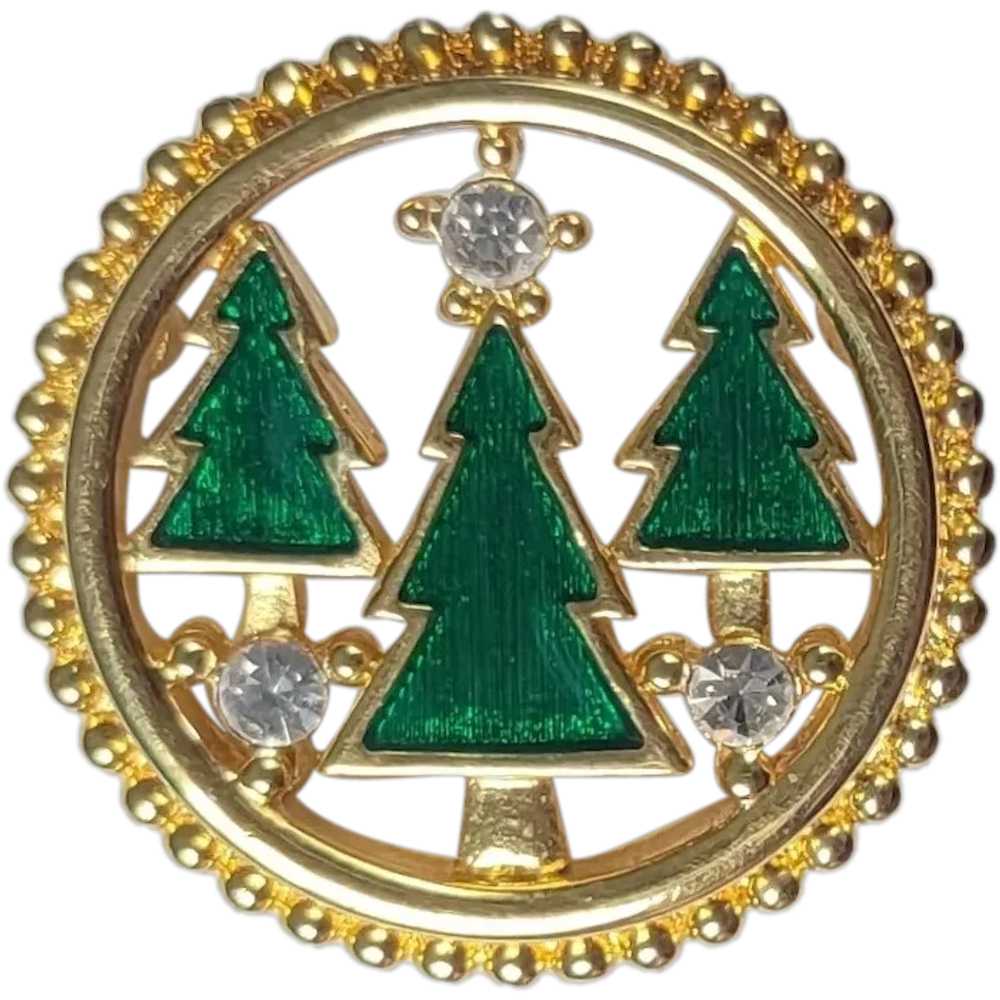 Christmas Tree Trio Enameled Circle Brooch by Mon… - image 1