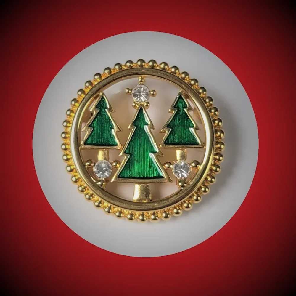 Christmas Tree Trio Enameled Circle Brooch by Mon… - image 8