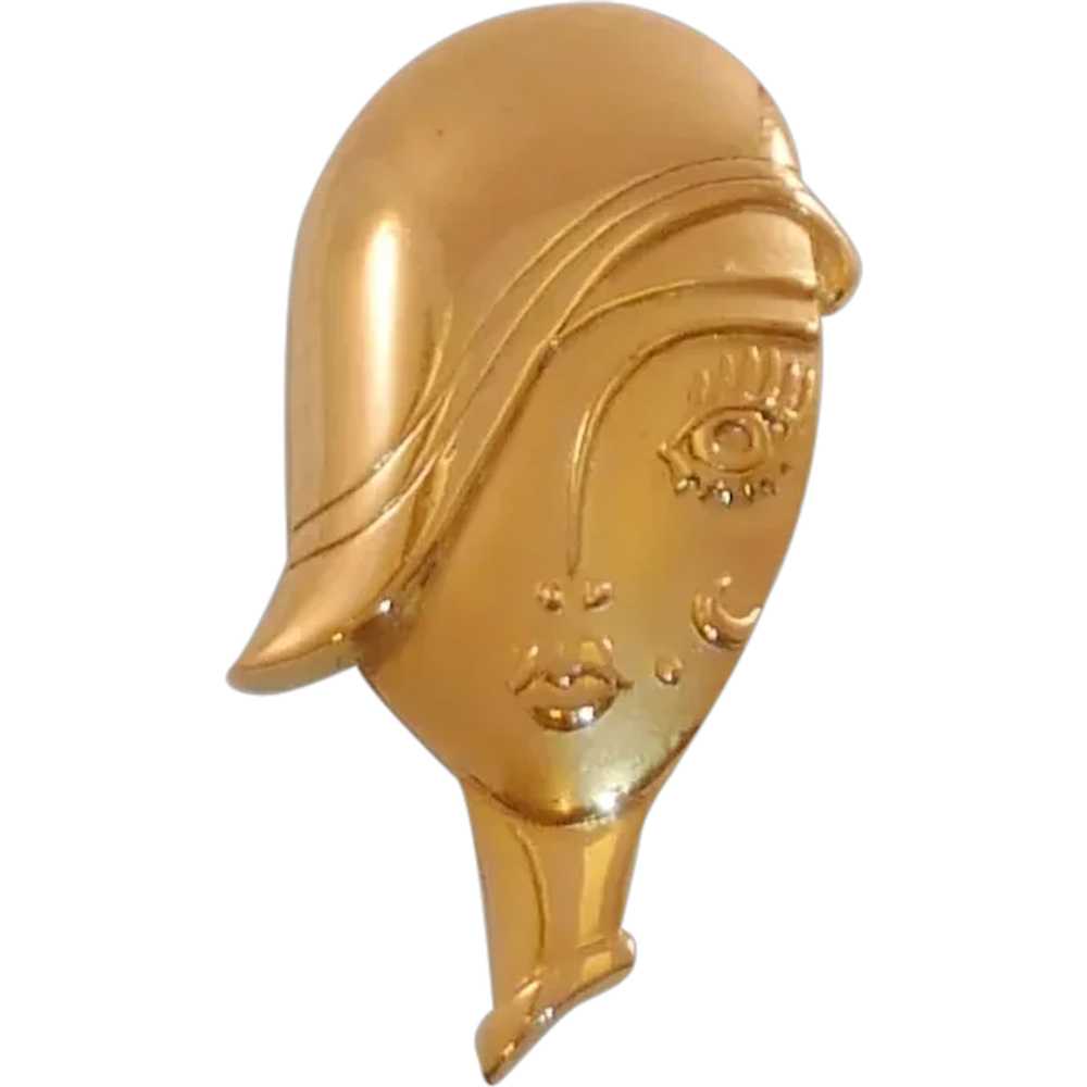 Gold Tone Flapper Lady Head Pin Brooch - image 1