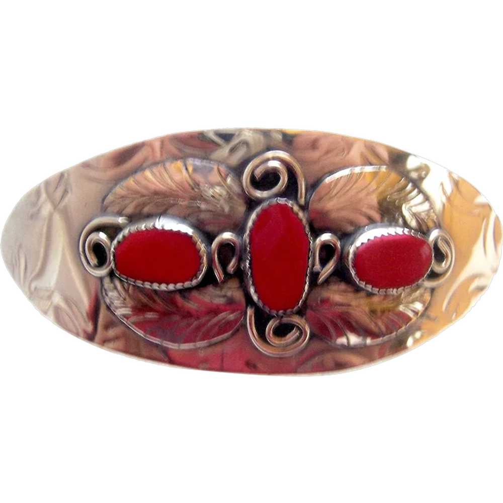 Native American silver barrette with coral embell… - image 1