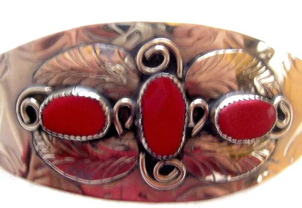 Native American silver barrette with coral embell… - image 2