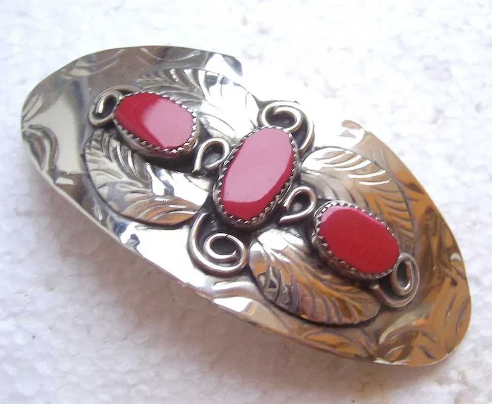 Native American silver barrette with coral embell… - image 3