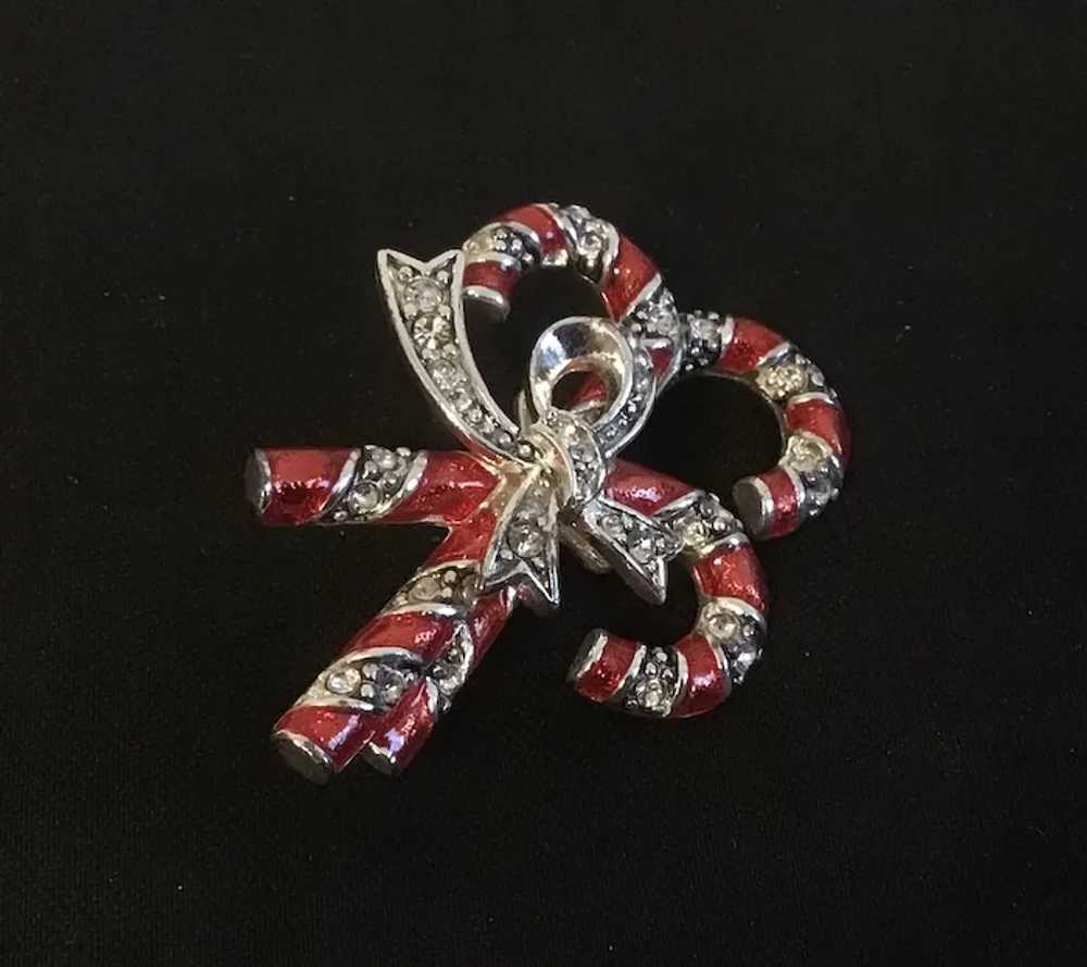 Monet Red and Rhinestone Candy Canes Christmas Pin - image 2
