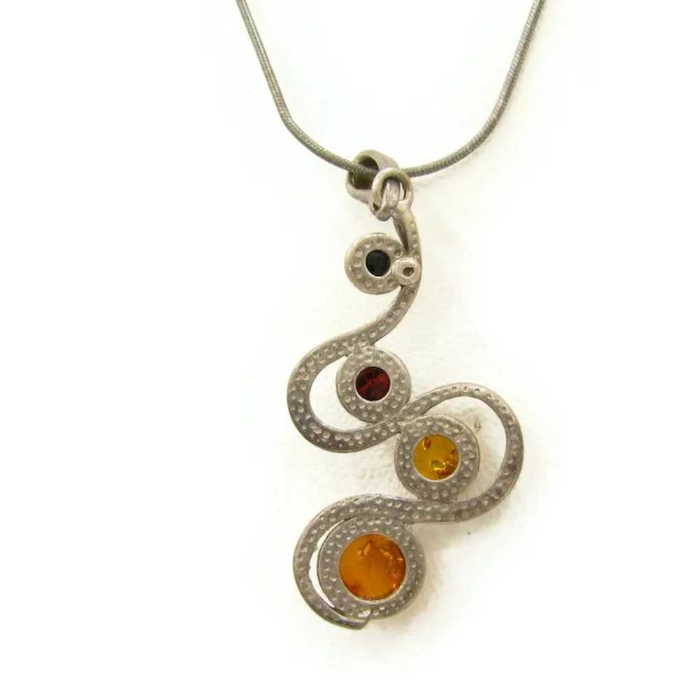 Vintage Modernist Amber Sterling Silver Necklace … - image 2