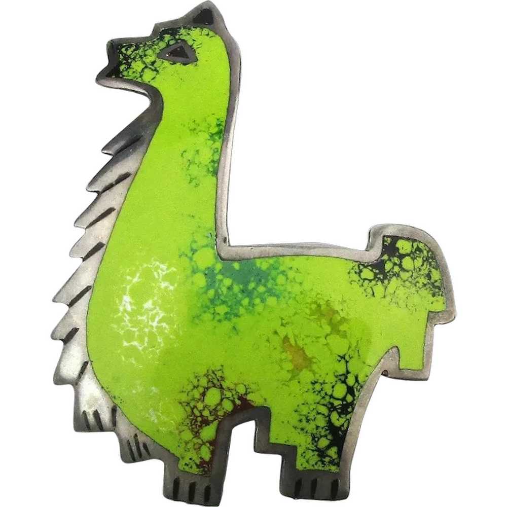 Modernist Peru 925 Silver Enamel Llama Pin Signed… - image 1