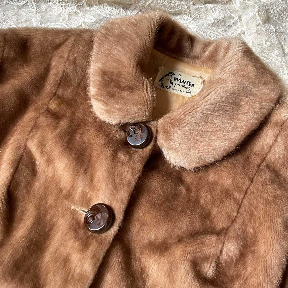 1960s Brown Faux Fur Cropped Jacket Satin Lined - image 11