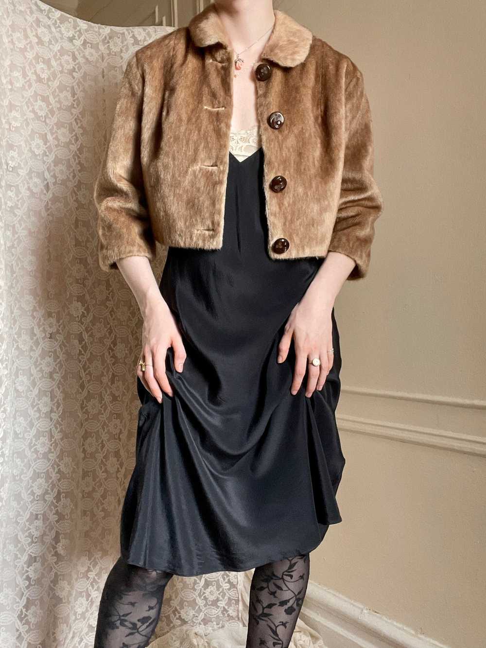 1960s Brown Faux Fur Cropped Jacket Satin Lined - image 1