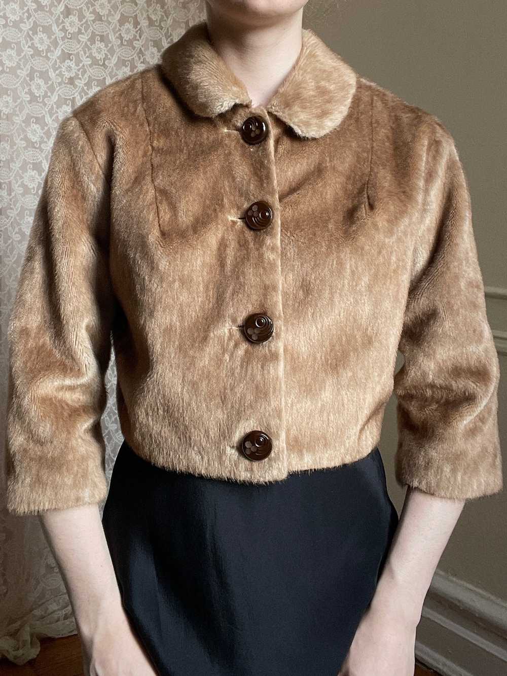 1960s Brown Faux Fur Cropped Jacket Satin Lined - image 2