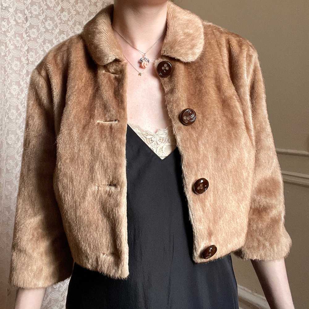 1960s Brown Faux Fur Cropped Jacket Satin Lined - image 3