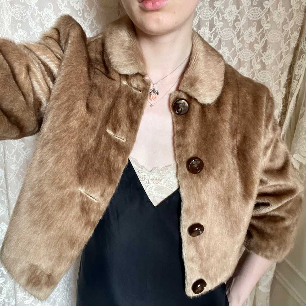 1960s Brown Faux Fur Cropped Jacket Satin Lined - image 4