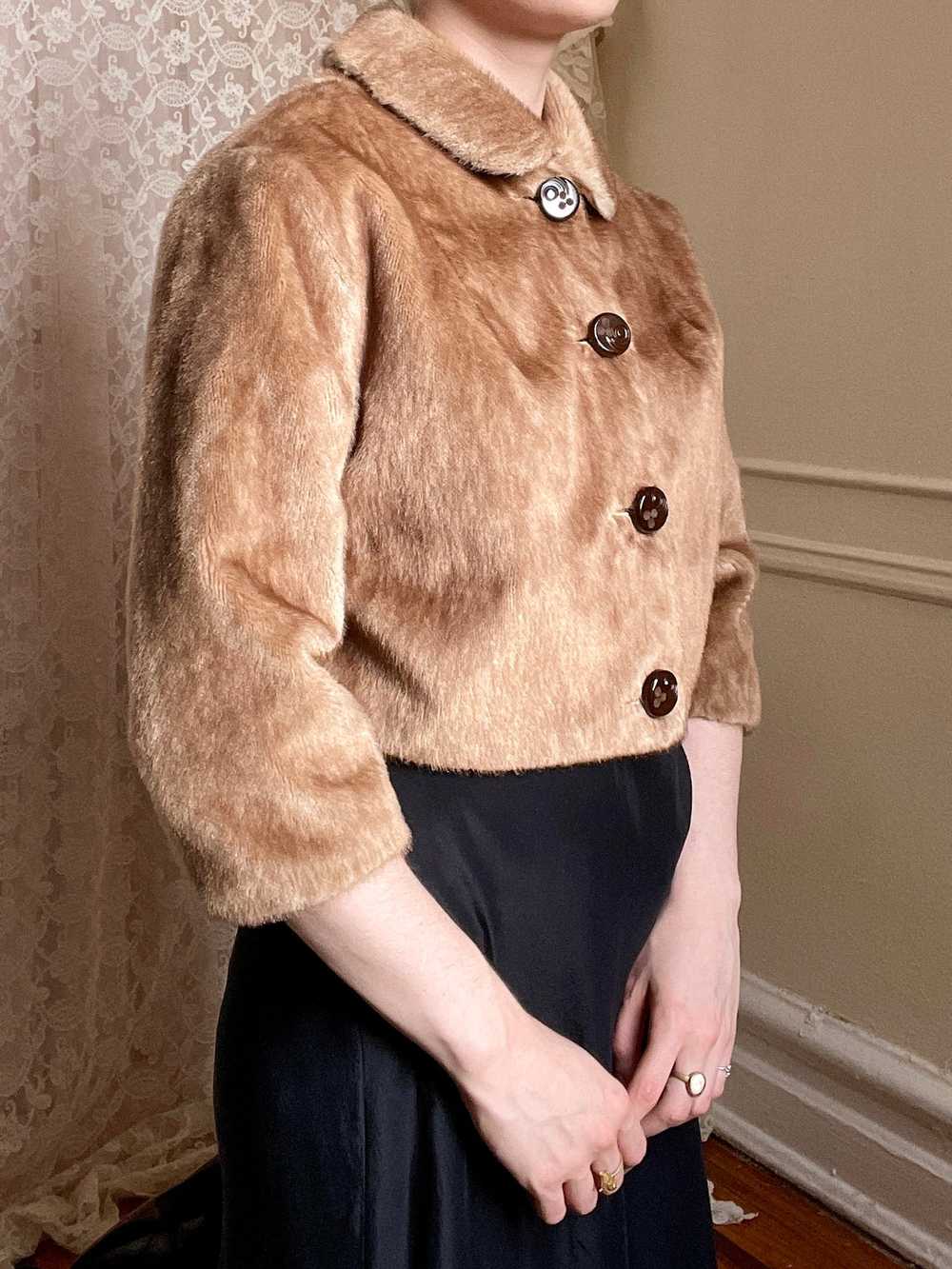 1960s Brown Faux Fur Cropped Jacket Satin Lined - image 7