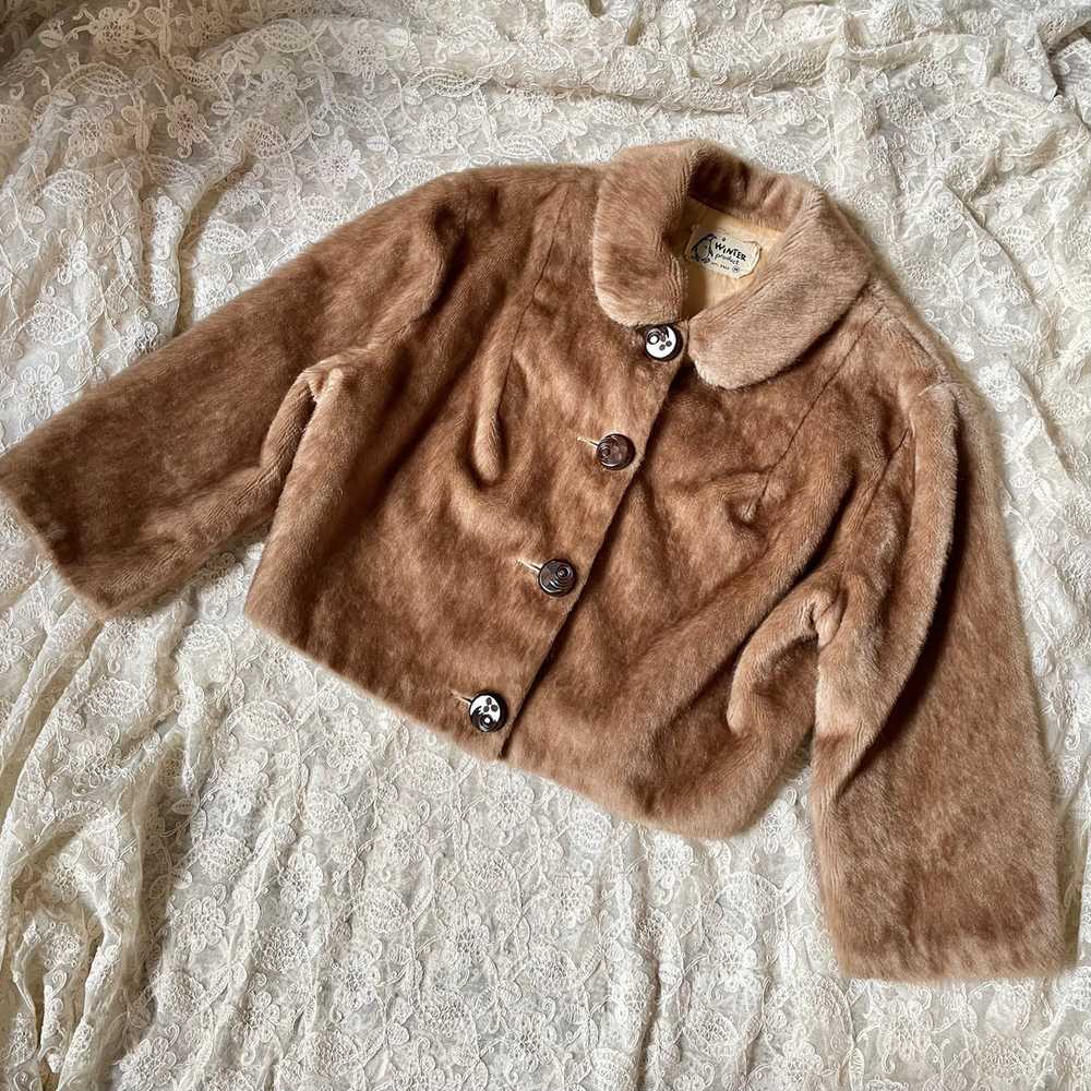 1960s Brown Faux Fur Cropped Jacket Satin Lined - image 9