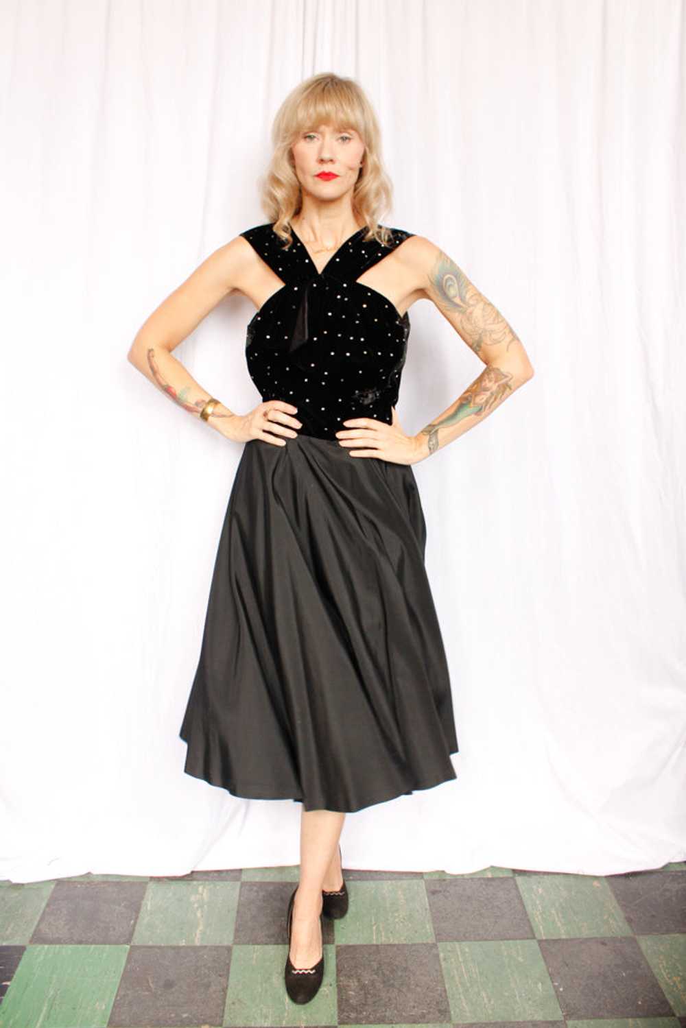 1940s Velvet & Rhinestone Party Dress - Medium - image 3