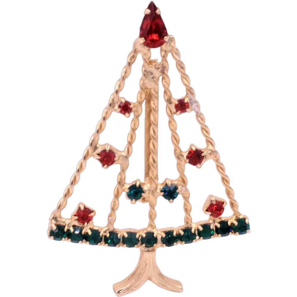 Brooch Pin Rhinestone Christmas Tree Wired Mid-Ce… - image 1