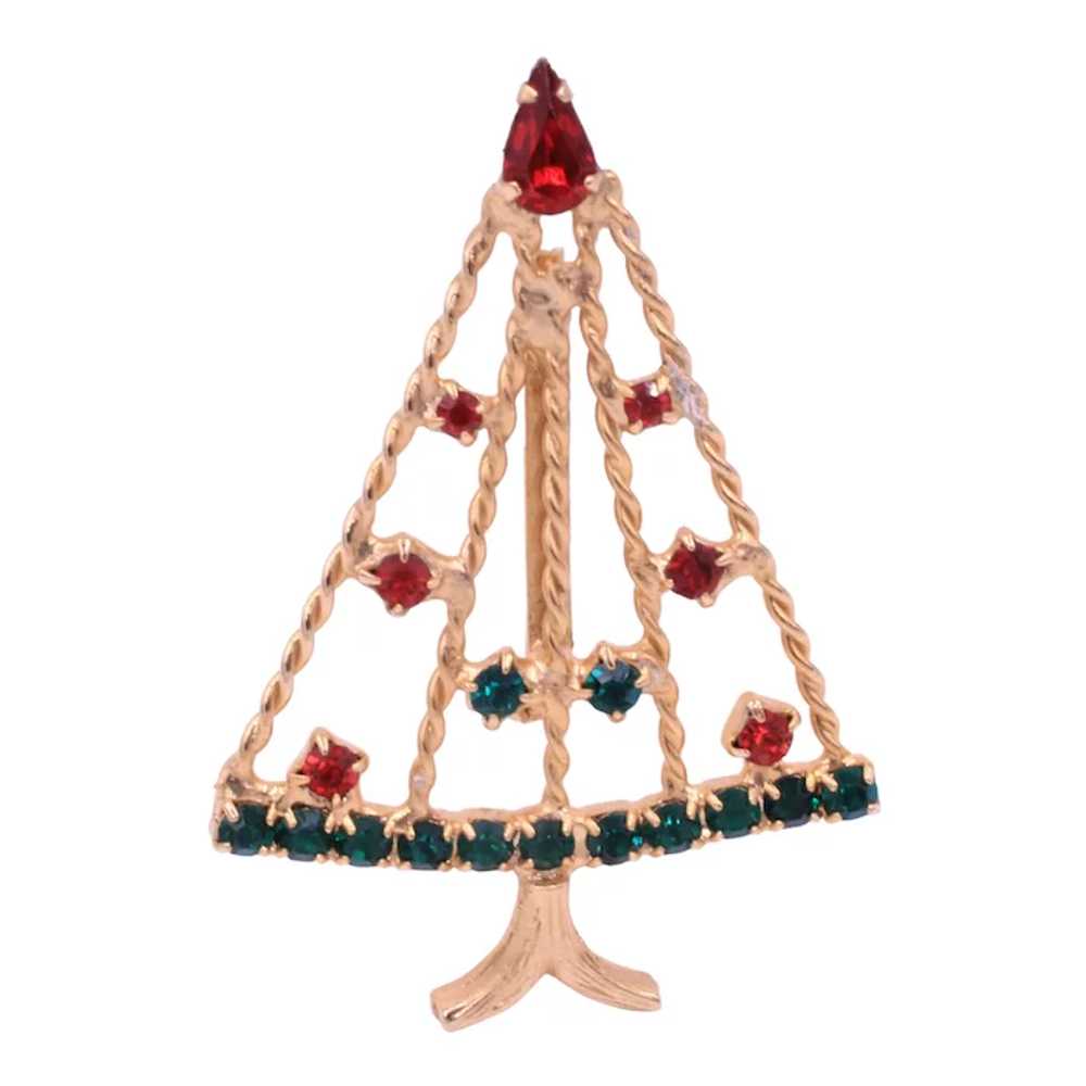 Brooch Pin Rhinestone Christmas Tree Wired Mid-Ce… - image 2