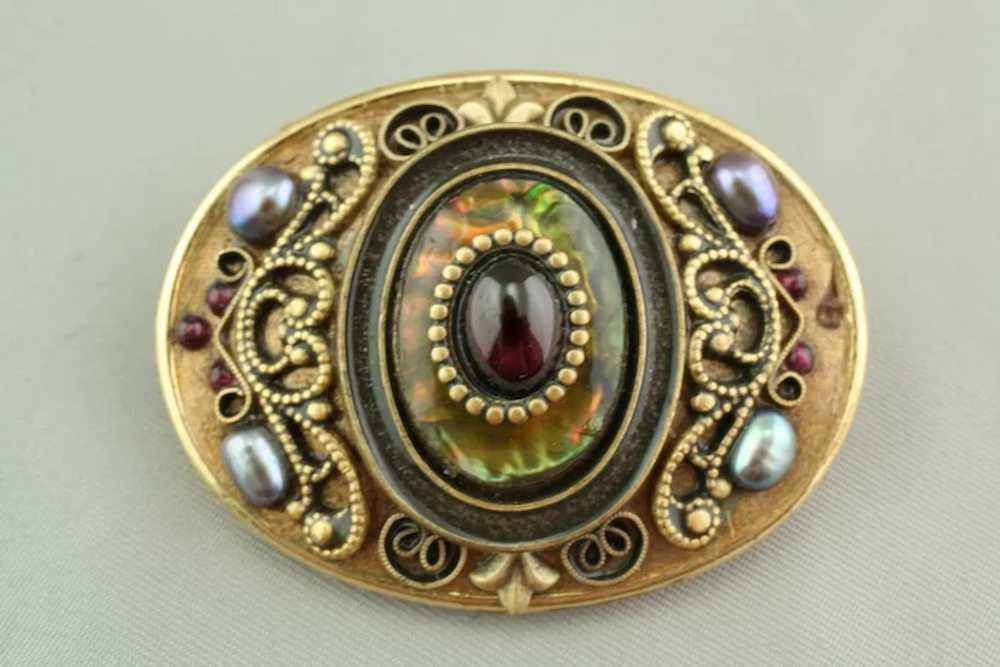 Michal Golan Abalone  and Rhinestone Filigree Pin - image 2