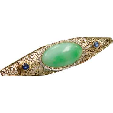 Edwardian .26ctw Sapphire & Jadeite Brooch 14K Yel