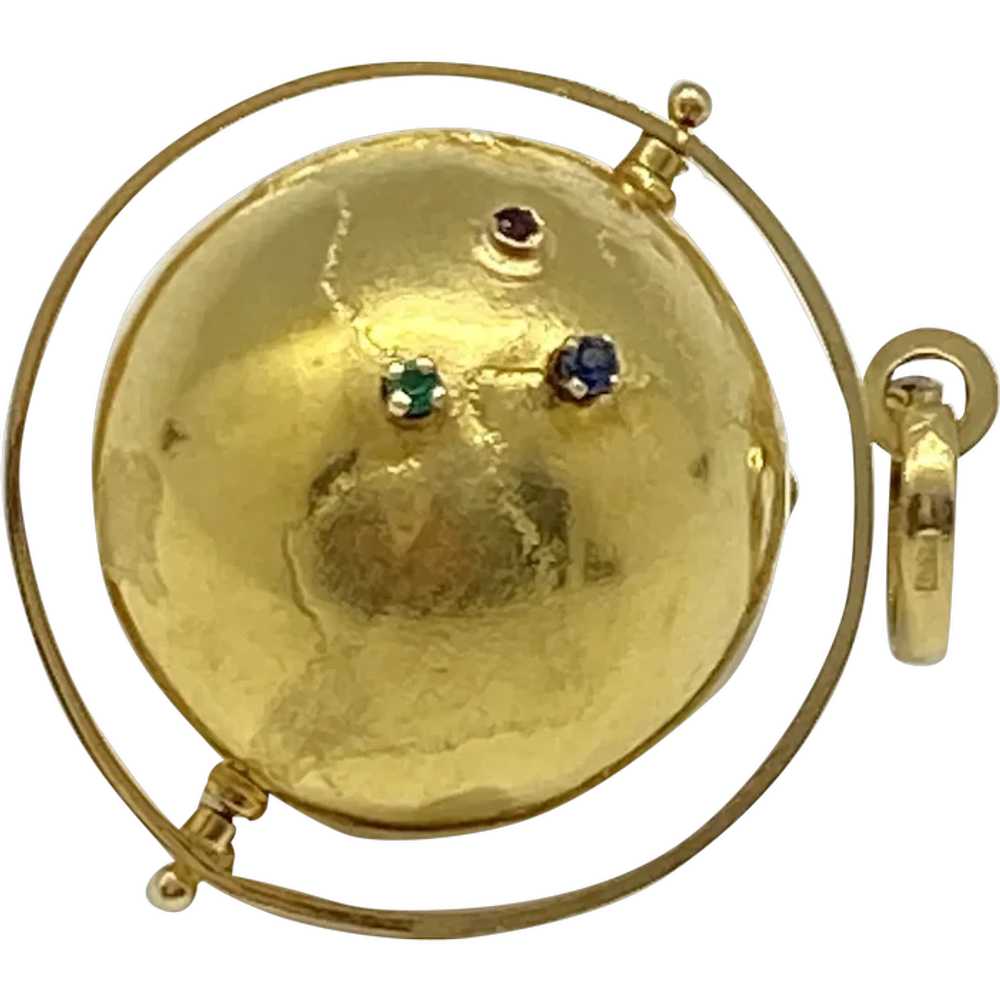 BIG Jeweled Globe Vintage Moving Charm 18K Gold 1… - image 1