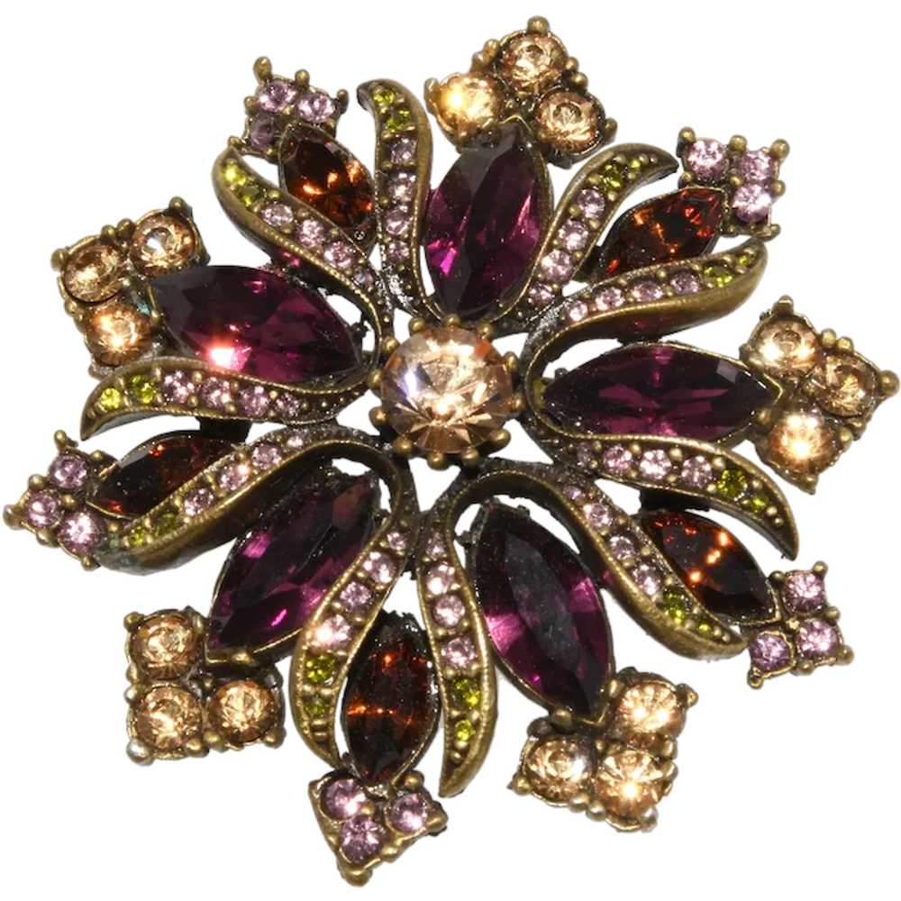 Graziano Brooch Purple Brown Rhinestones Layered … - image 1