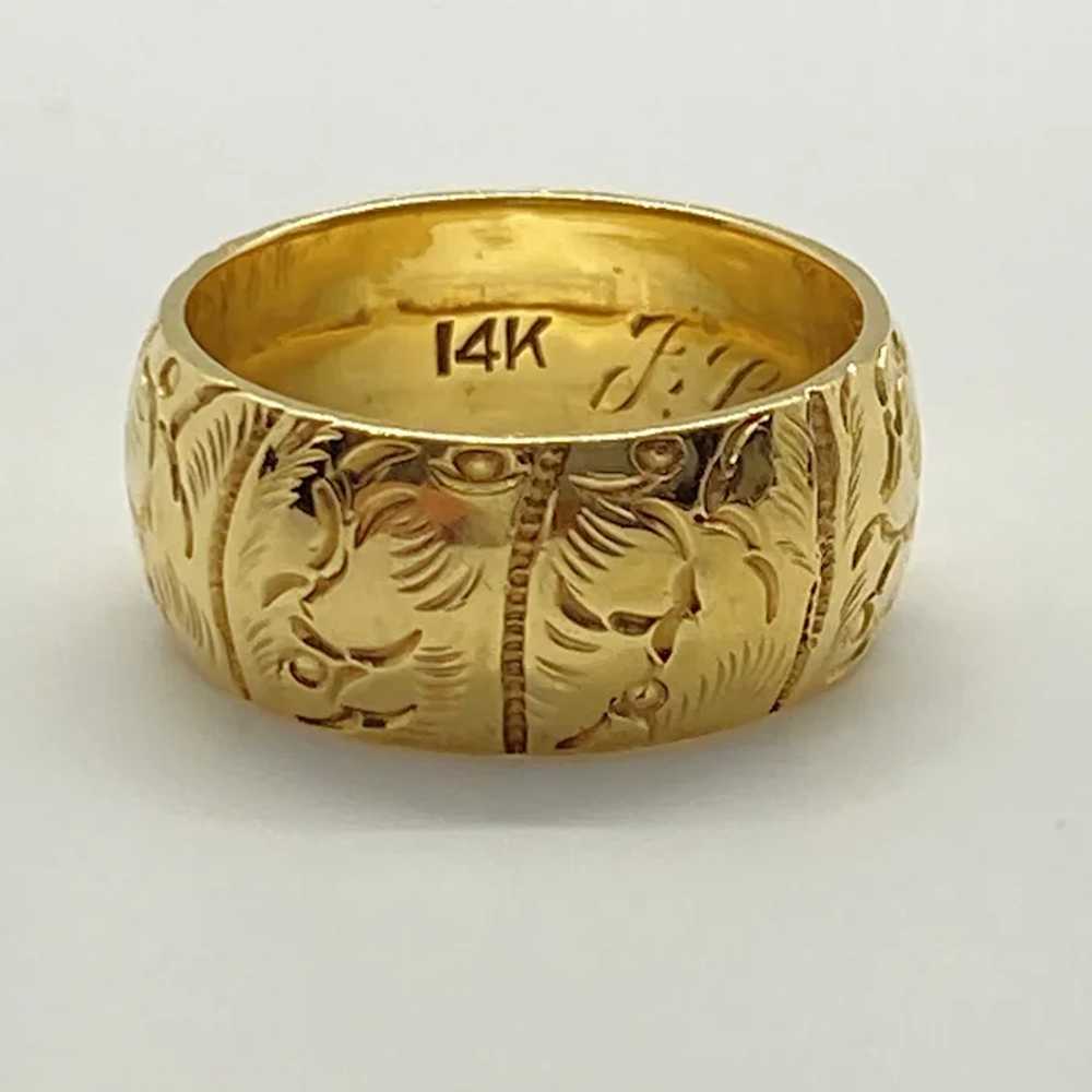 Wide Ornate Band Ring 14K Gold Engraved Leaf Moti… - image 2