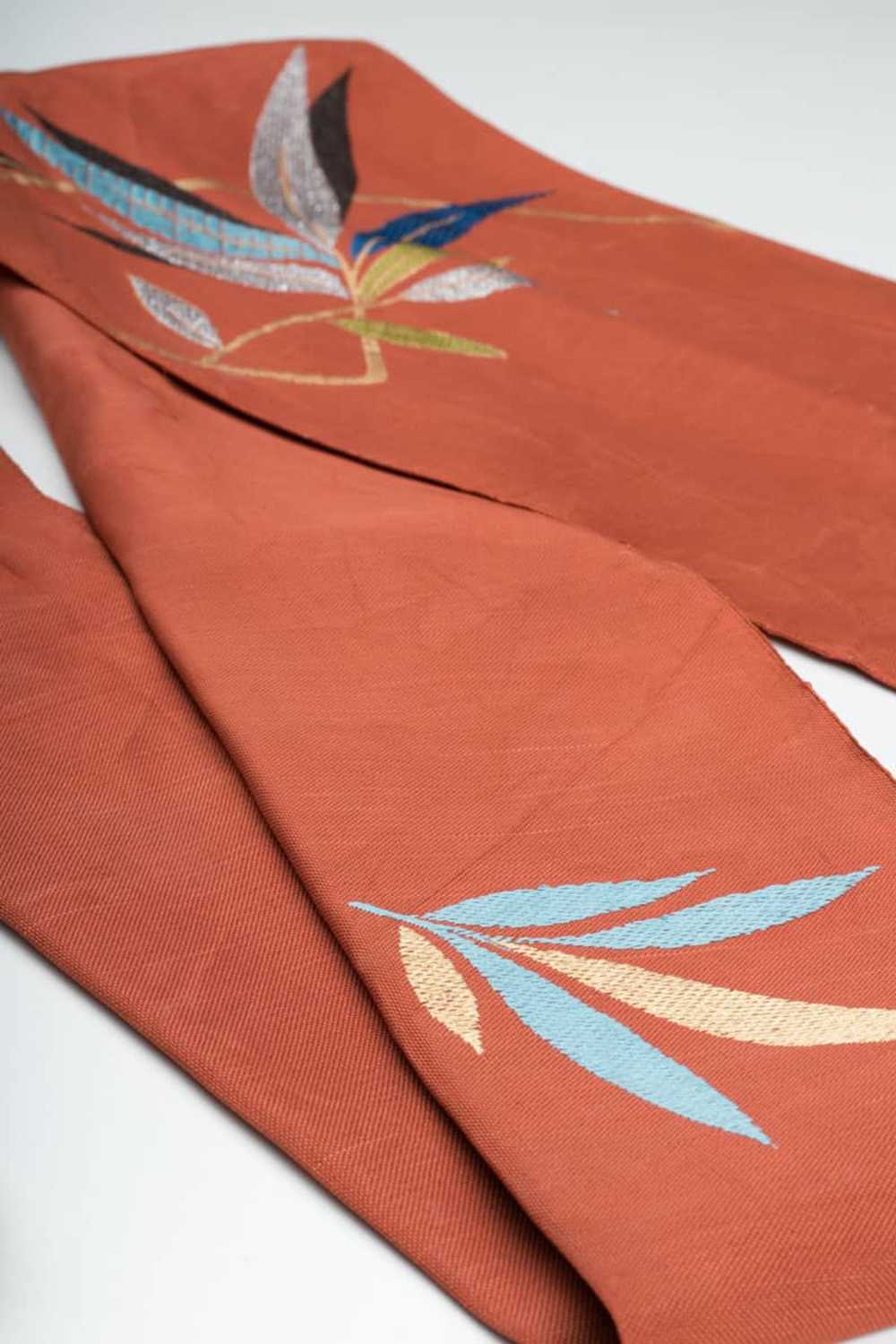 Vintage Rust Embroidered Leaves Nagoya Obi 83 - image 2