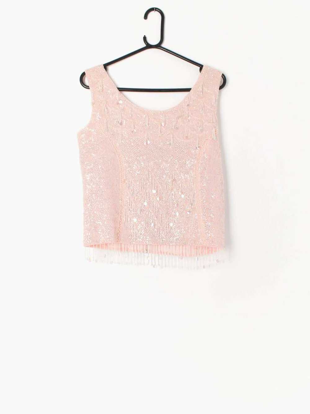 Vintage pastel pink sequin vest sparkly top with … - image 1