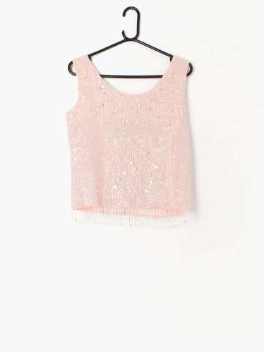 Vintage pastel pink sequin vest sparkly top with … - image 1