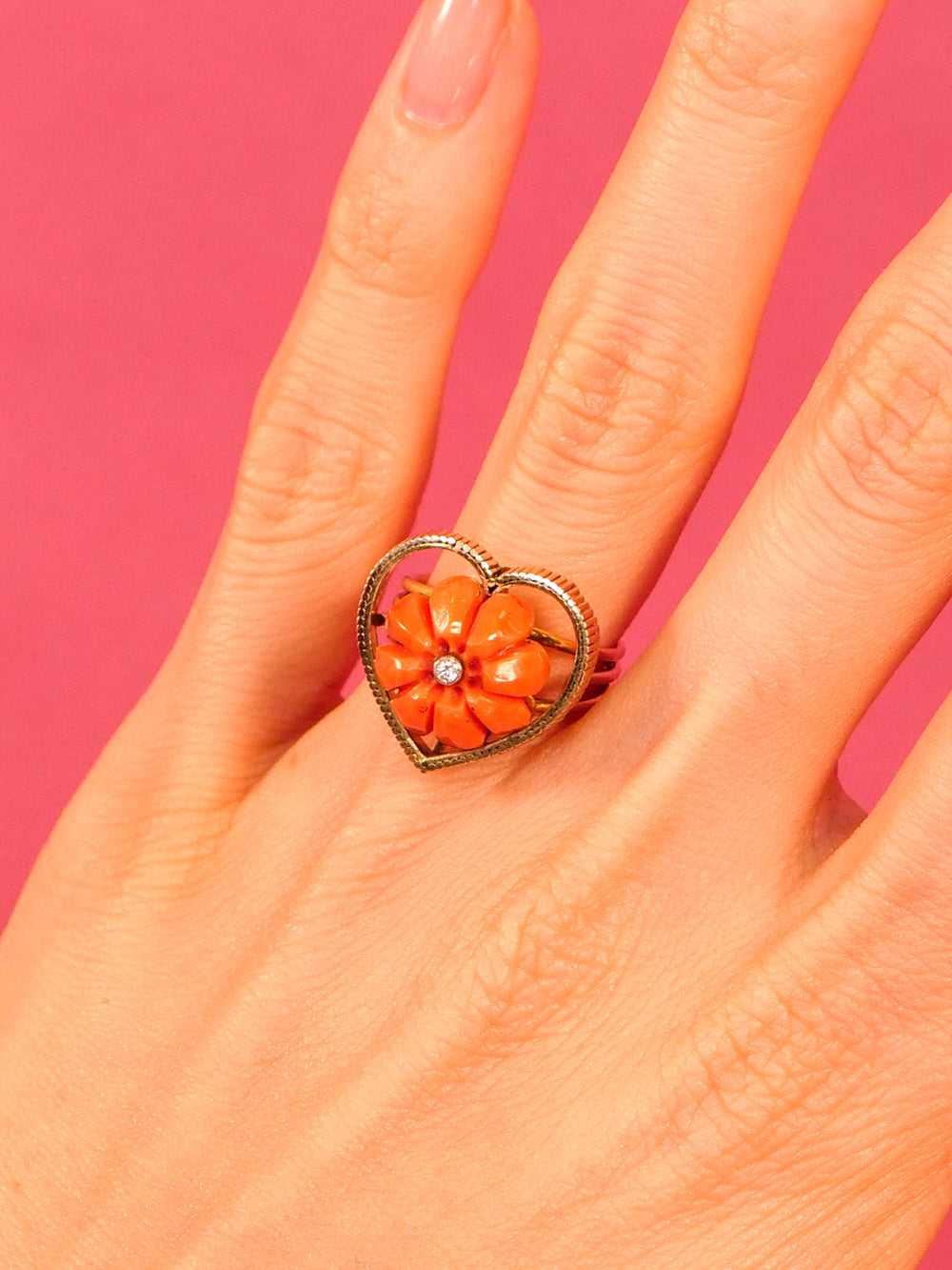14K Heart Motif Coral and Diamond Ring - image 1