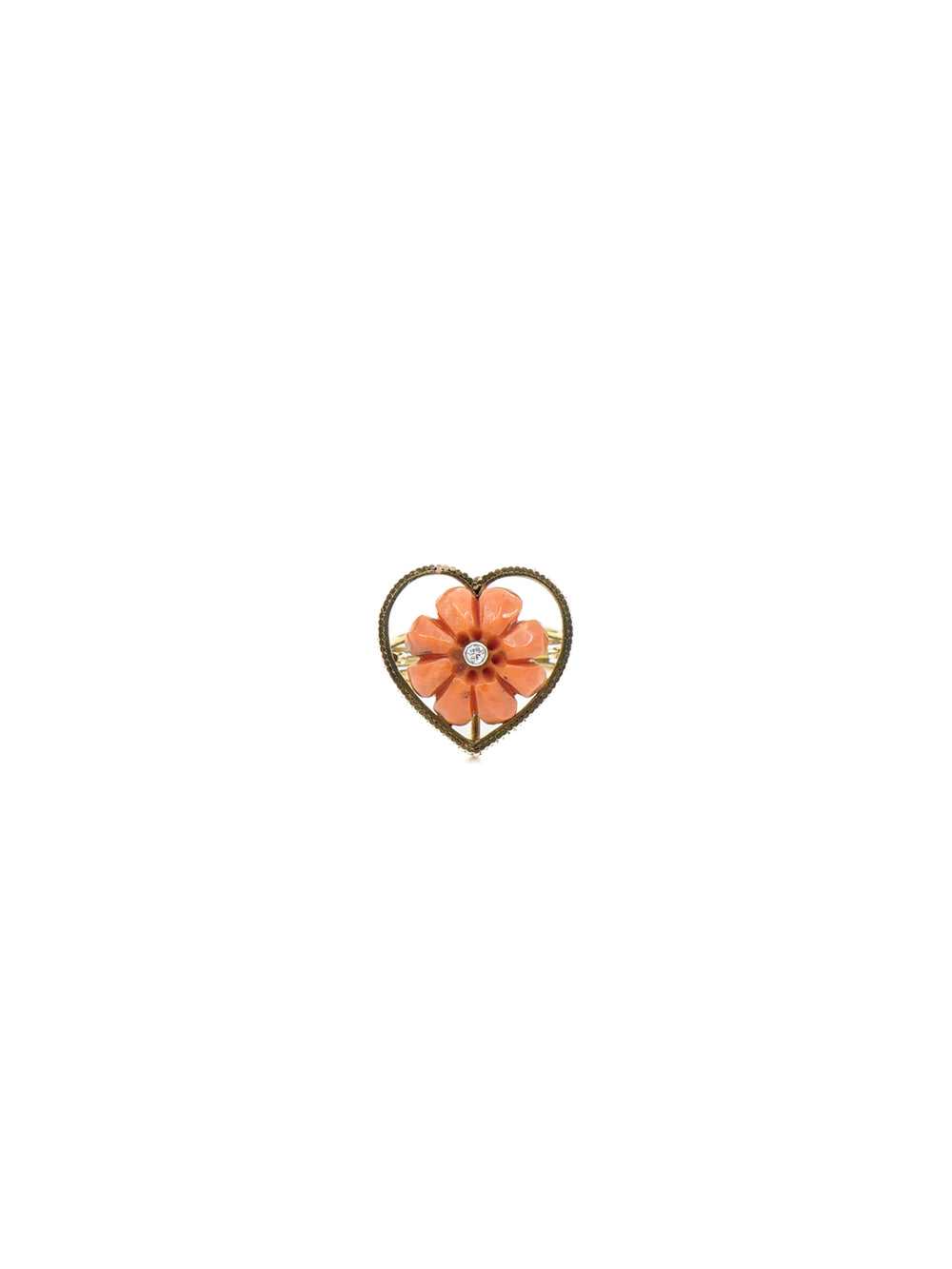 14K Heart Motif Coral and Diamond Ring - image 2